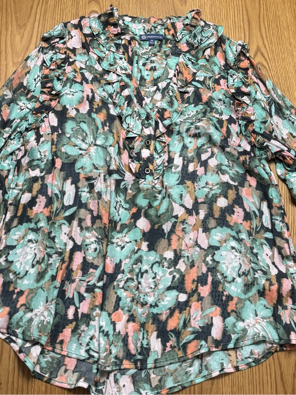 Democracy Floral Ruffle V-Neck Blouse - Mint, Coral & Black